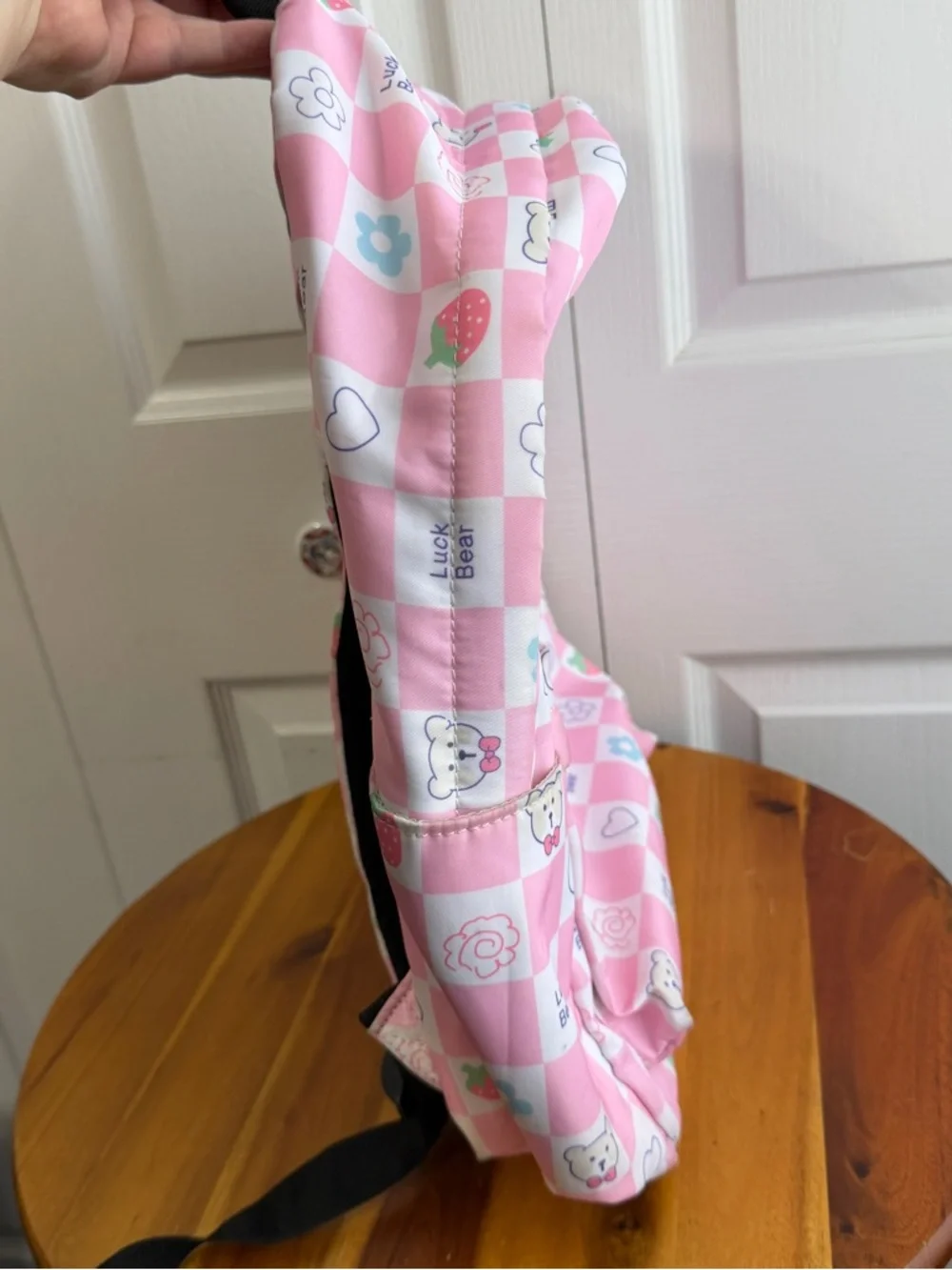 Luck Bear pink white check plaid backpack